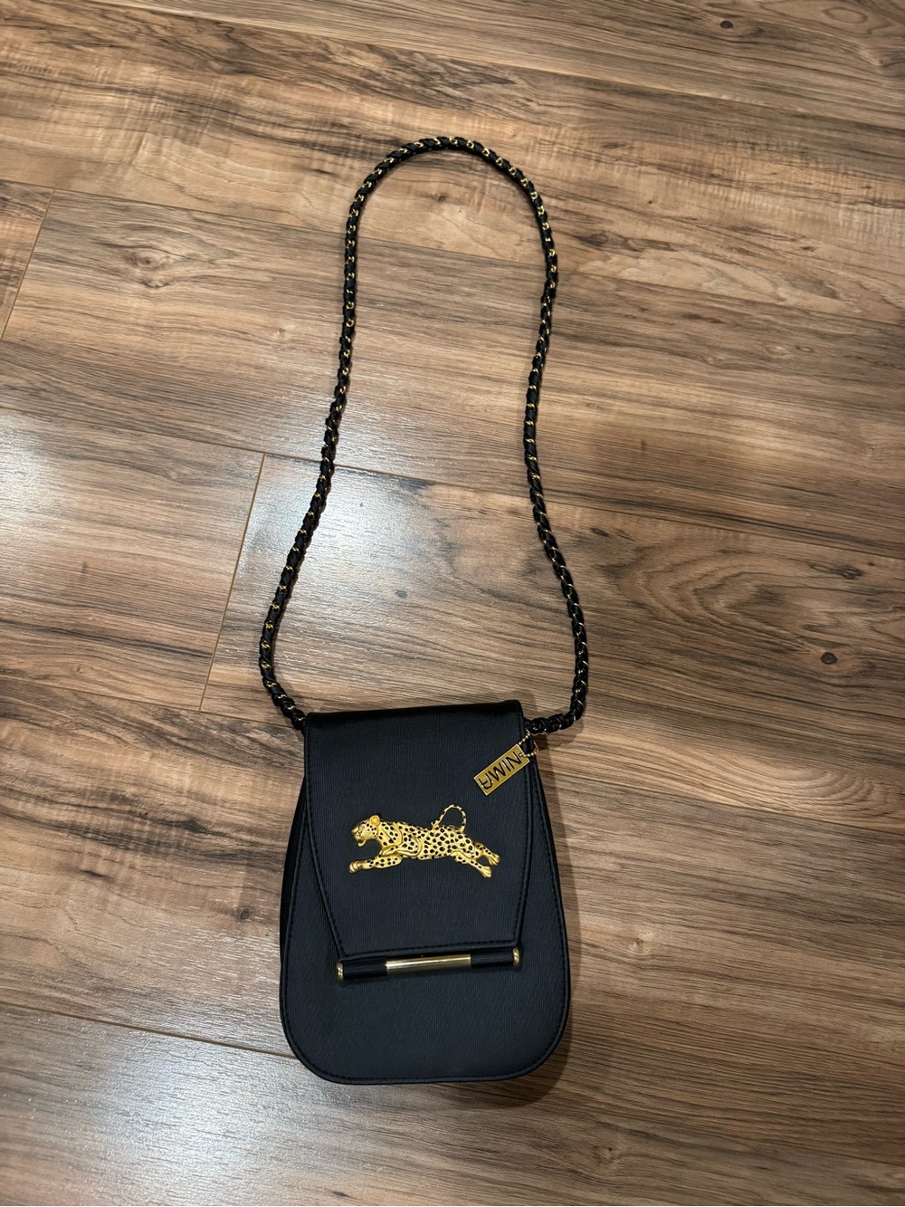 1980s NIMA vintage black crossbody bag gold cheetah gold bar accent